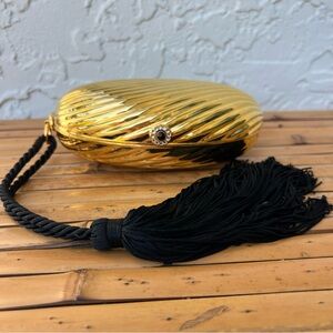 Vintage Italian Gold Metal Melon Hard Case Evening Clutch with Tassel Strap
